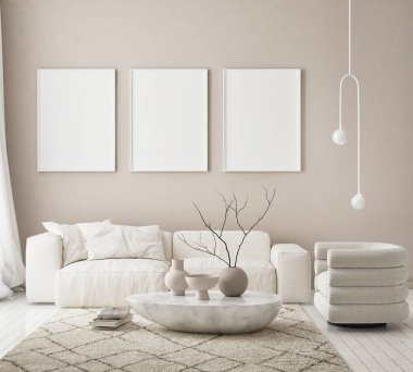 Modern iç plan, oturma odası, İskandinav tarzı, 3D çizim, 3D resim