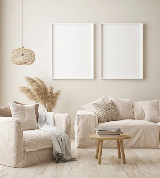 Model Poster Frame Moderne Interieur Achtergrond Woonkamer Scandinavische Stijl Render — Stockfoto