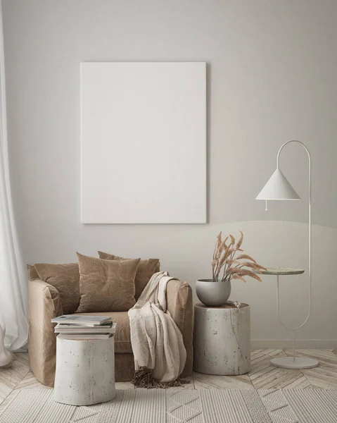 Model Poster Frame Moderne Interieur Achtergrond Woonkamer Scandinavische Stijl Render — Stockfoto