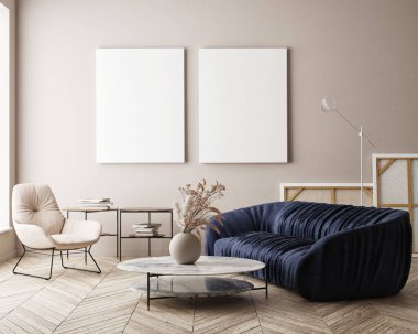 Modern iç plan, oturma odası, İskandinav tarzı, 3D çizim, 3D resim