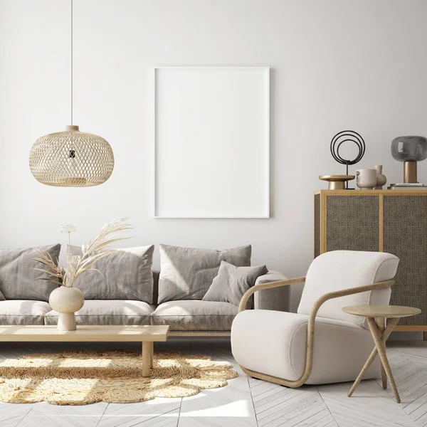 Model Poster Frame Moderne Interieur Achtergrond Woonkamer Scandinavische Stijl Render — Stockfoto