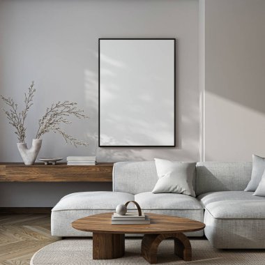 Modern Oturma Odası Posteri Doğal Işık ve Minimalist Dekorasyonlu Model. 3D görüntüleme.