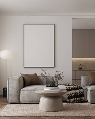 Modern Oturma Odası Posteri Doğal Işık ve Minimalist Dekorasyonlu Model. 3D görüntüleme.