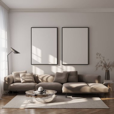 Modern Oturma Odası Posteri Doğal Işık ve Minimalist Dekorasyonlu Model. 3 Boyutlu Hazırlama.