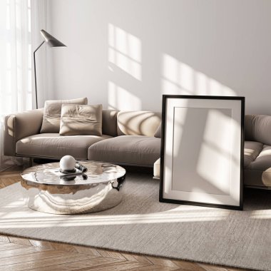 Modern Oturma Odası Posteri Doğal Işık ve Minimalist Dekorasyonlu Model. 3 Boyutlu Hazırlama.
