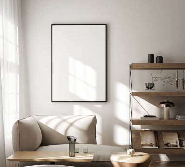 Modern Oturma Odası Posteri Doğal Işık ve Minimalist Dekorasyonlu Model. 3 Boyutlu Hazırlama.