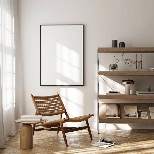 Modern Oturma Odası Posteri Doğal Işık ve Minimalist Dekorasyonlu Model. 3 Boyutlu Hazırlama.