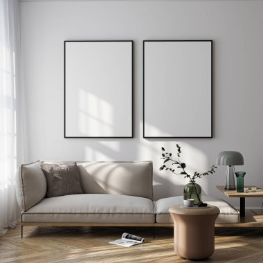Modern Oturma Odası Posteri Doğal Işık ve Minimalist Dekorasyonlu Model. 3 Boyutlu Hazırlama.