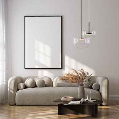 Modern Oturma Odası Posteri Doğal Işık ve Minimalist Dekorasyonlu Model. 3 Boyutlu Hazırlama.