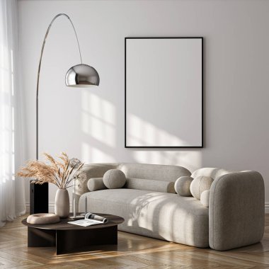Modern Oturma Odası Posteri Doğal Işık ve Minimalist Dekorasyonlu Model. 3 Boyutlu Hazırlama.