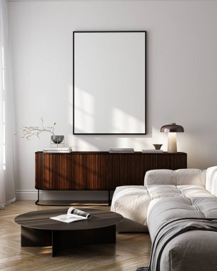 Modern Oturma Odası Posteri Doğal Işık ve Minimalist Dekorasyonlu Model. 3 Boyutlu Hazırlama.