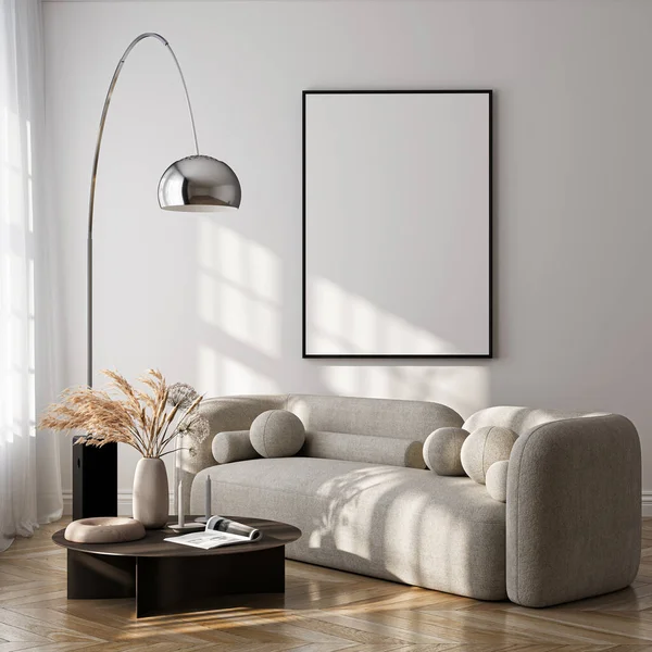 Modern Oturma Odası Posteri Doğal Işık ve Minimalist Dekorasyonlu Model. 3 Boyutlu Hazırlama.