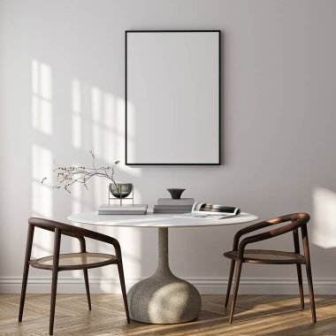 Modern Oturma Odası Posteri Doğal Işık ve Minimalist Dekorasyonlu Model. 3 Boyutlu Hazırlama.