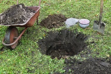 landing pit ready for planting fruit tree sapling, black earth,wheelbarrow,shovel,manure,fertilizer,ash clipart