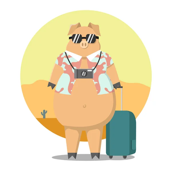 Thick pig. A pig on rest. Cartoon pig. The pig travels. — Stock Vector