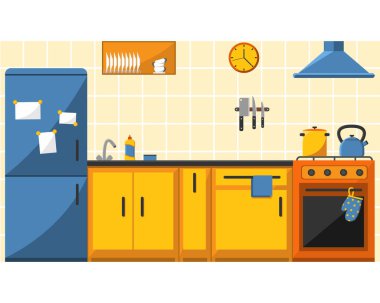 Mobilyalı ve uzun gölgeli mutfak. Düz.