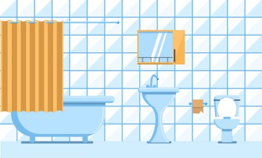 Vector banyo içi, mobilyalı oda. Ev arkası karikatür mimarisi dekorasyonu