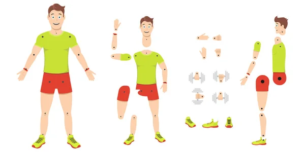 Charakteranimation. Athletischer gutaussehender Kerl für die Erstellung animierter Videos eines Fitnessstudios oder Fitnessclubs. — Stockvektor