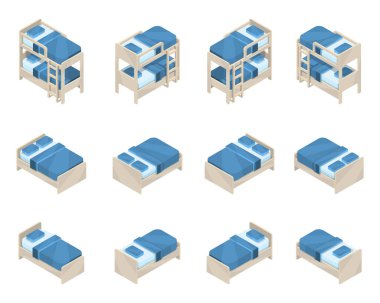 Mobilyalar izometrik projeksiyonda. Geniş, güzel çift kişilik, bekar ve ranzalı yataklar..