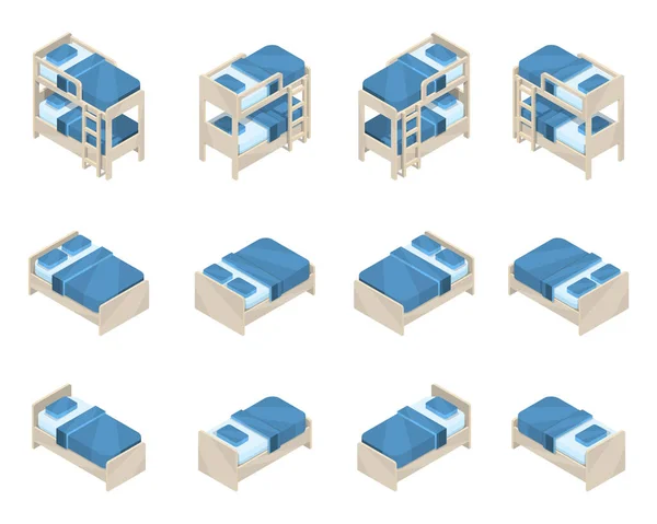 Muebles en proyección isométrica. Gran hermoso conjunto de nuevas camas dobles, individuales y literas. — Archivo Imágenes Vectoriales