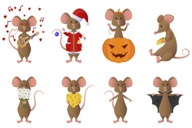 Fare dolu büyük bir set. Cadılar Bayramı ve Noel için kostümlü komik hayvanlar da üzgün ve romantik..