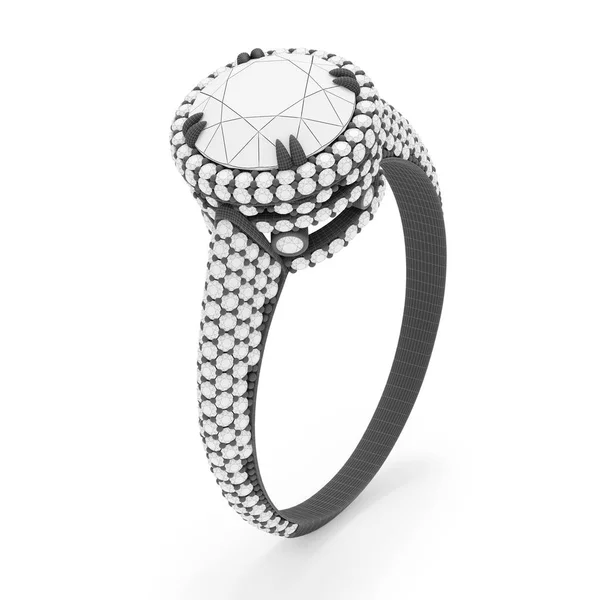 Anello gioiello con diamanti rendering 3D in materiale wireframe grigio . — Foto Stock