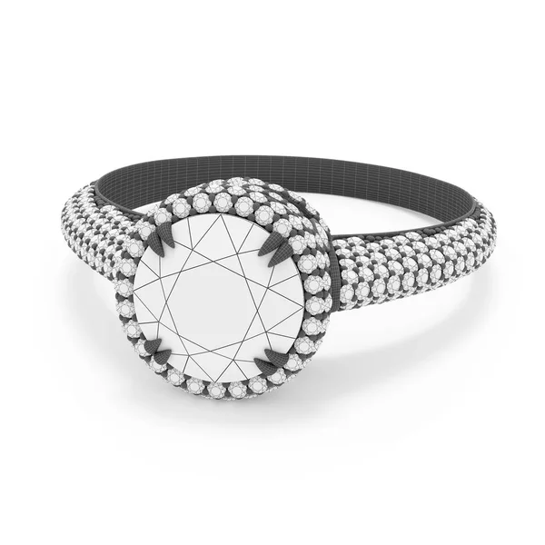 Jewelry ring with round diamonds 3D rendering in gray wireframe material. — Stock Photo, Image