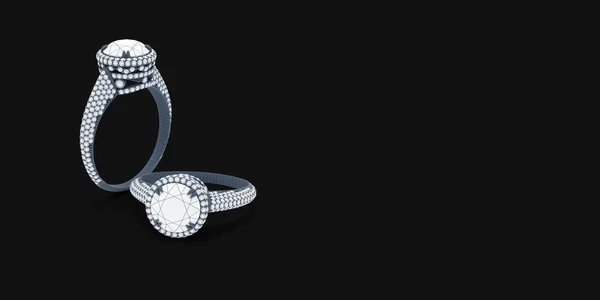 Wireframe modello di gioielli in scala di grigi materiale 3d di anello di fidanzamento su sfondo nero con spazio libero. rendering 3d — Foto Stock