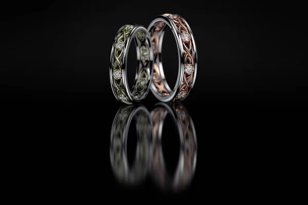 Sieraden 2 trouwring gouden ringen met diamanten op glanzend zwart. 3D-rendering — Stockfoto