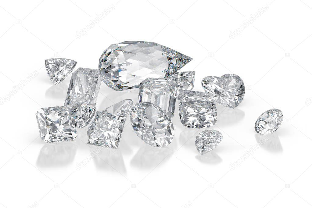 Diamonds different cuts on white background with reflections. 3d rendering