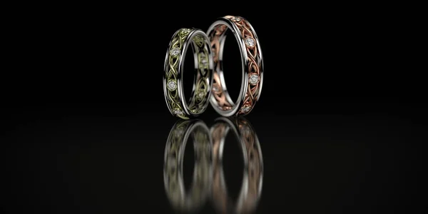 Jóias aliança de casamento anéis de ouro com diamantes no fundo preto. Renderização 3D — Fotografia de Stock