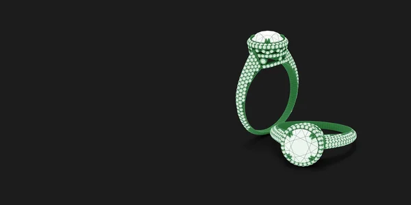 Wireframe green material 3d jewelry models of engagement rings on black background with free space. 3d rendering — Stock Photo, Image