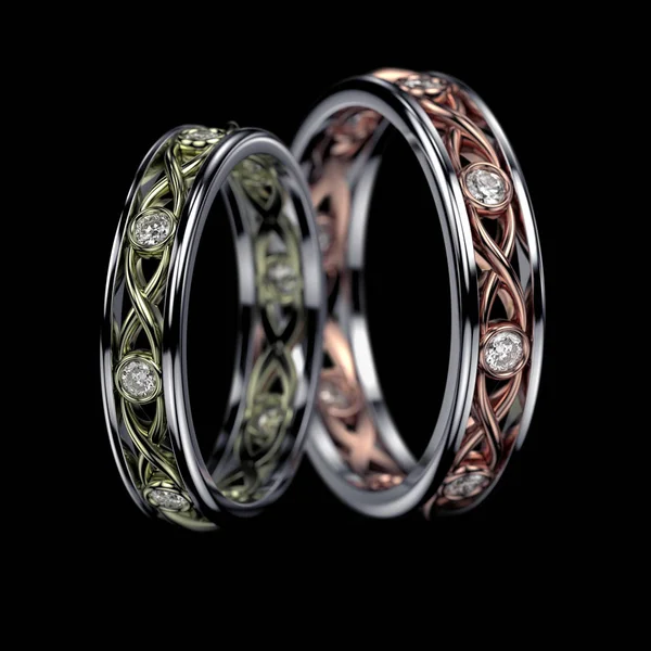 Jewelry wedding band gold rings with diamonds on black background. 3D rendering — Stock Photo, Image