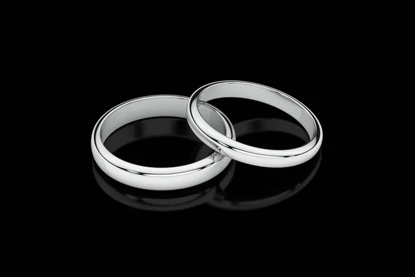 Jewelry wedding band white gold rings on glossy black background. 3D rendering — Stock Photo, Image