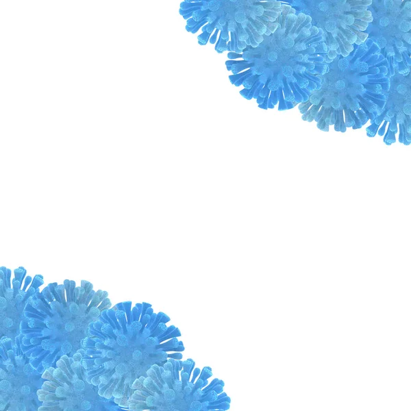 White background with viruses below and above. Place for text. Shades of blue. Needed in the era of covid-19. 3d illustration.