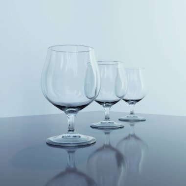 Açık mavi arkaplanda üç kadeh. Mavinin tonları. 3 boyutlu illüstrasyon. Cam, yansımalar, şeffaflık..