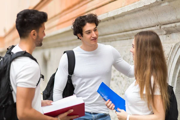 Drie Studenten Praten Met Elkaar Buiten Een College Binnenplaats — Stockfoto