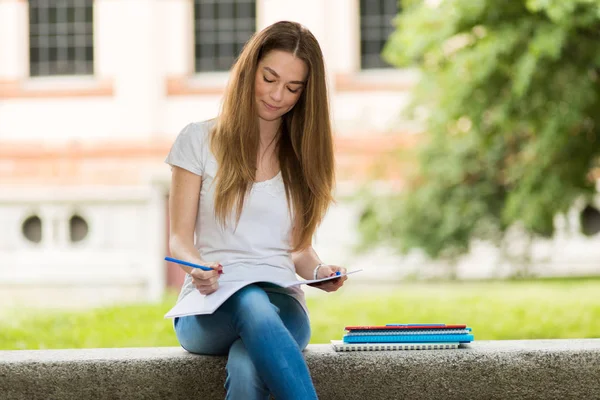 Όμορφη Φοιτήτρια Που Διαβάζει Ένα Βιβλίο Ένα Παγκάκι Στο Πάρκο — Φωτογραφία Αρχείου