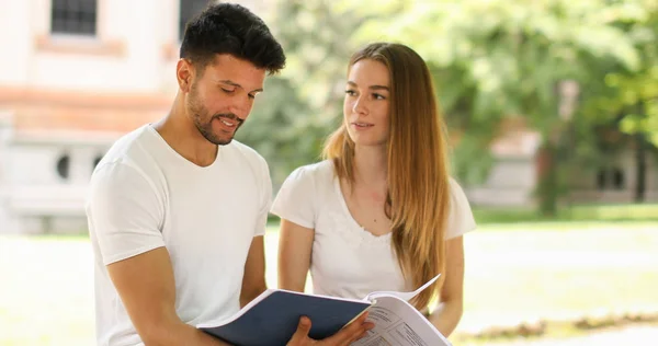 Due Studenti Che Studiano Insieme Seduti Una Panchina All Aperto — Foto Stock