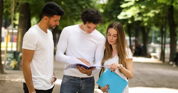 Três Estudantes Conversando Com Outro Livre Pátio Faculdade — Fotografia de Stock