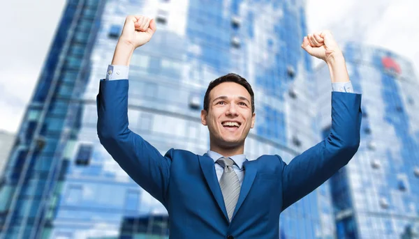 Portrait Businessman Raising Hands City — Stock Photo, Image