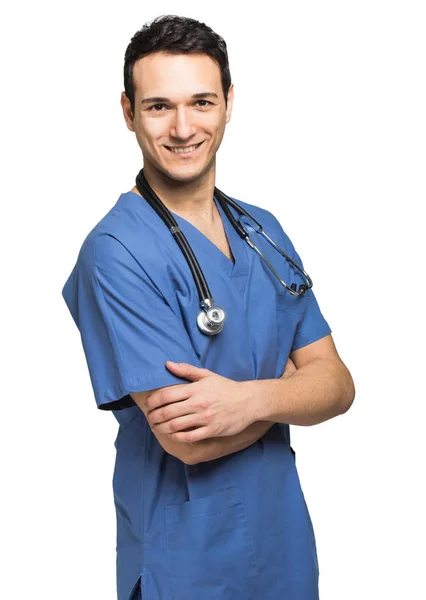 Jovem Enfermeira Sorrindo Sobre Fundo Branco — Fotografia de Stock