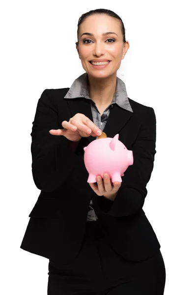 Retrato Empresária Segurando Porquinho Banco Isolado Fundo Branco — Fotografia de Stock