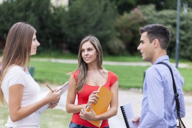Bir parkta konuşan öğrenciler portresi