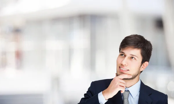 Young Man Looking Large Bright Background Copy Space — Stock Photo, Image