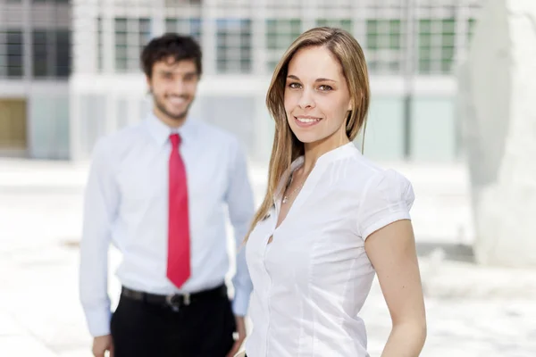 Portrait Young Smiling Businesswoman Front Her Colleague — Stock Photo, Image