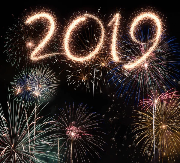 New Year Eve 2019 Fireworks Black Background — Stock Photo, Image