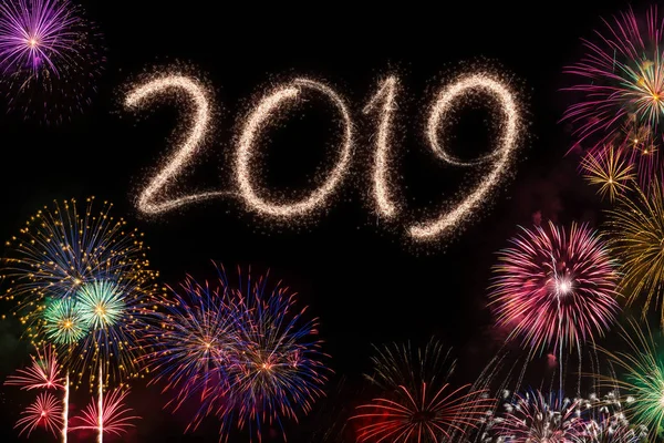 New Year Eve 2019 Fireworks Black Background — Stock Photo, Image