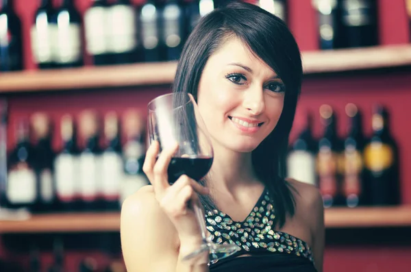 Woman Tasting Red Wine Restaurant — Stock Photo, Image