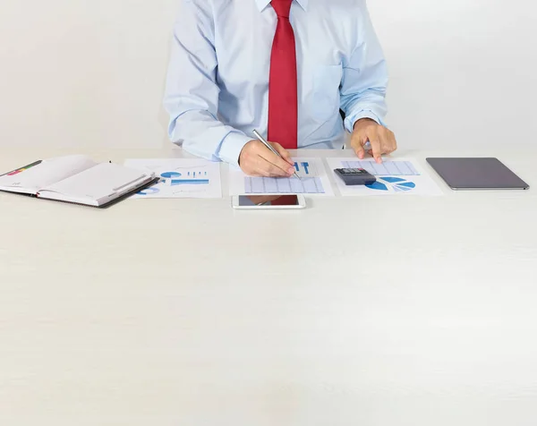 Zakenman Aan Het Werk Zijn Kantoor Grote Kopie Ruimte — Stockfoto